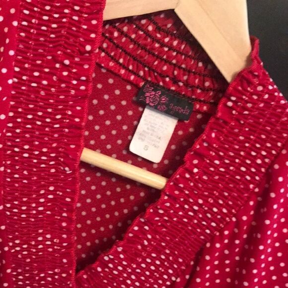 Red and White Polka Dot Semi Sheer Blouse - Size S - Picture 5 of 8
